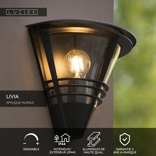 Lucide LIVIA - Applique murale Intérieur/Extérieur - 1xE27 - IP44 - Noir - USP